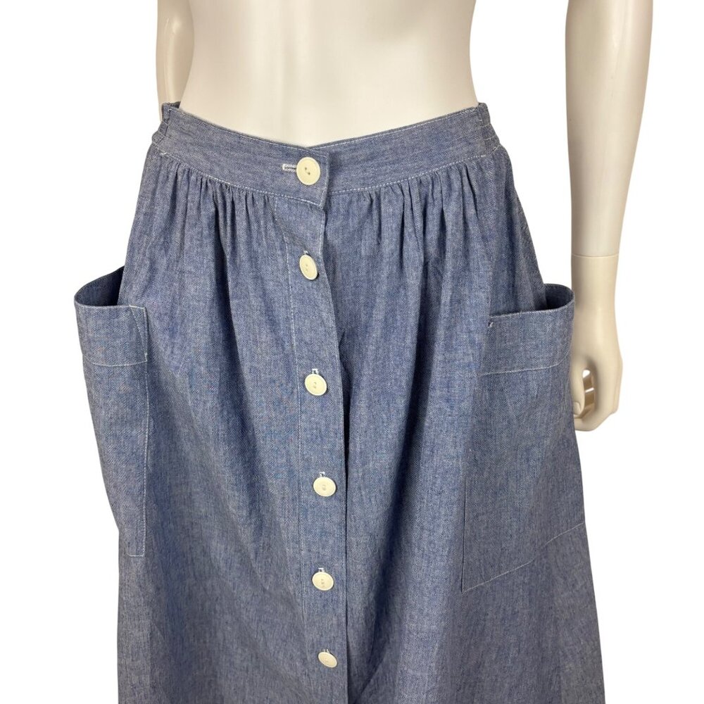 Vintage 80s Chambray Skirt Womens Small Blue Fit & Flare Button Down Hip Pockets - Picture 4 of 10